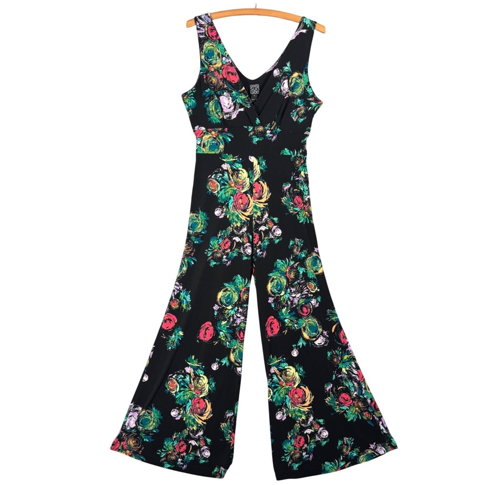 Clara Sunwoo Womens S Floral Wide Leg Jumpsuit Black V-Neck Sleeveless Stretch